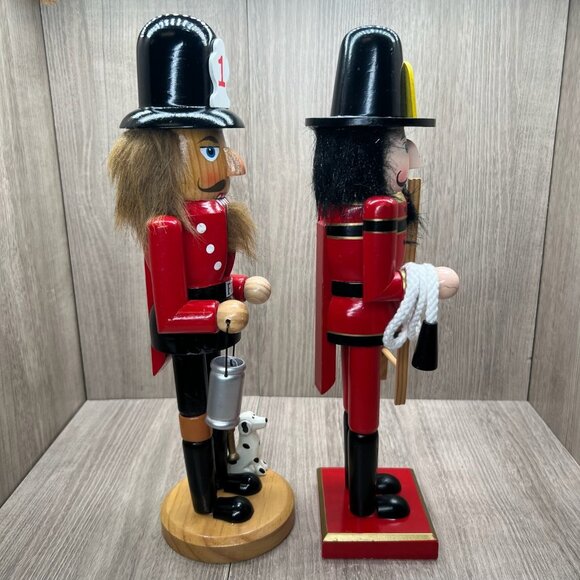 Hobby Lobby Fireman Nutcracker Figurines 2012 2015 Dog Ladder Bucket 14" Red - Picture 3 of 12